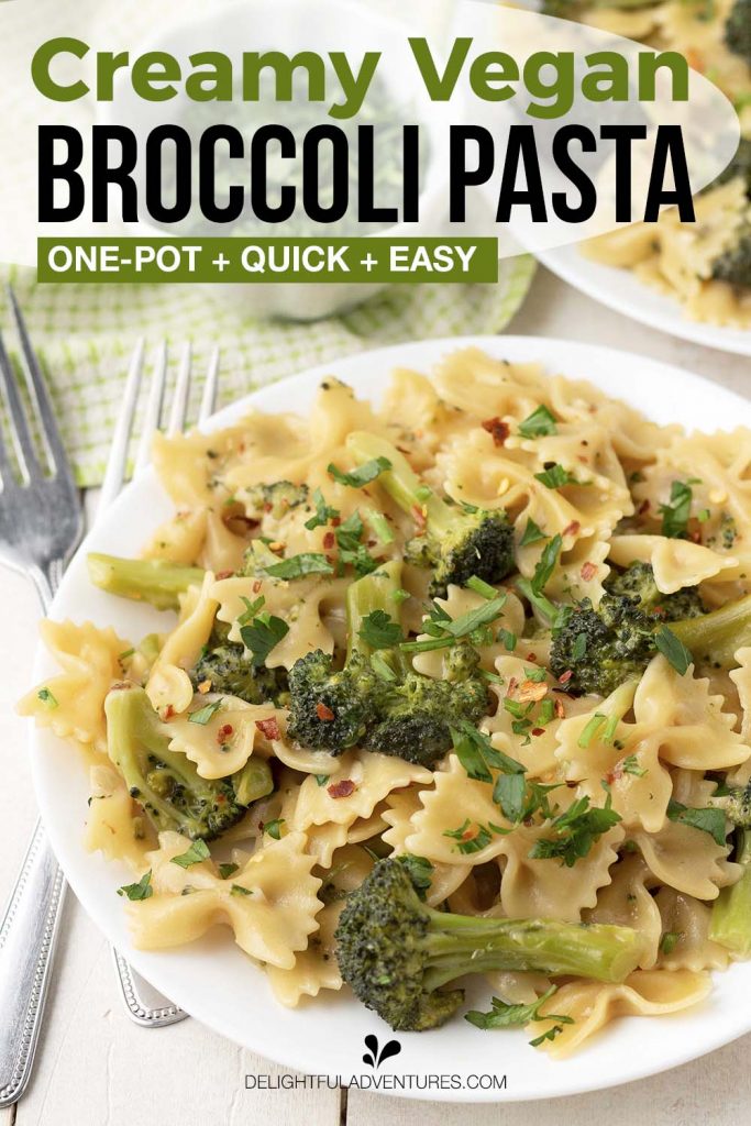 Pinterest pin showing a plate of vegan broccoli pasta, this image is to be used to pin this recipe to Pinterest.
