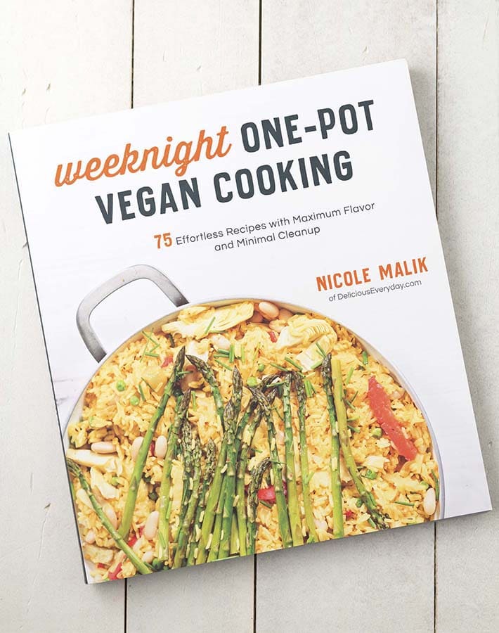 The cover of the book "Weeknight One-Pot Vegan Cooking Book" by Nicole Malik.