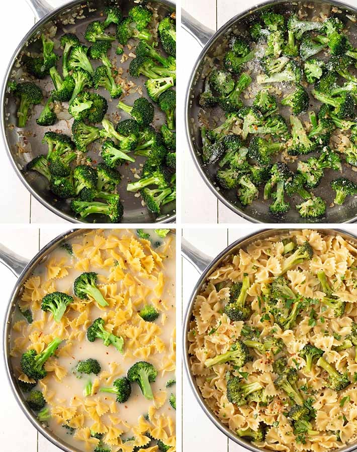 Sequence of steps needed to make vegan broccoli pasta.