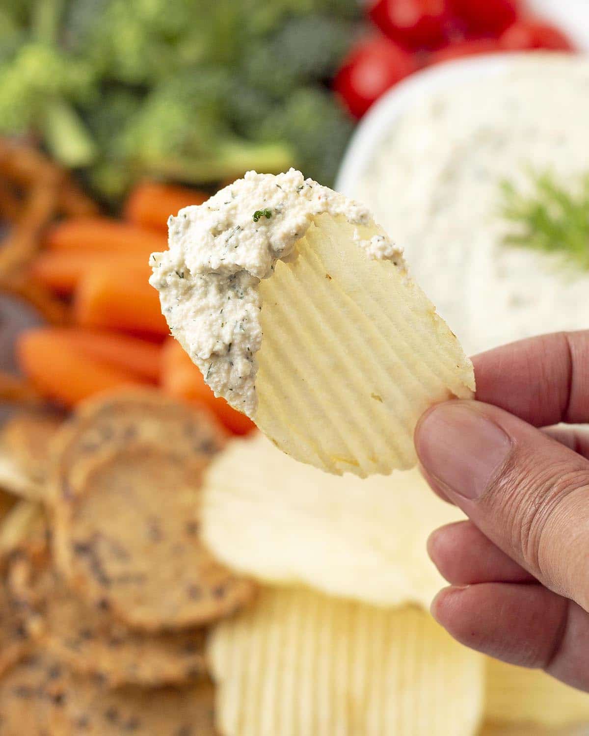 A hand holding up a potato chip with dip on it.