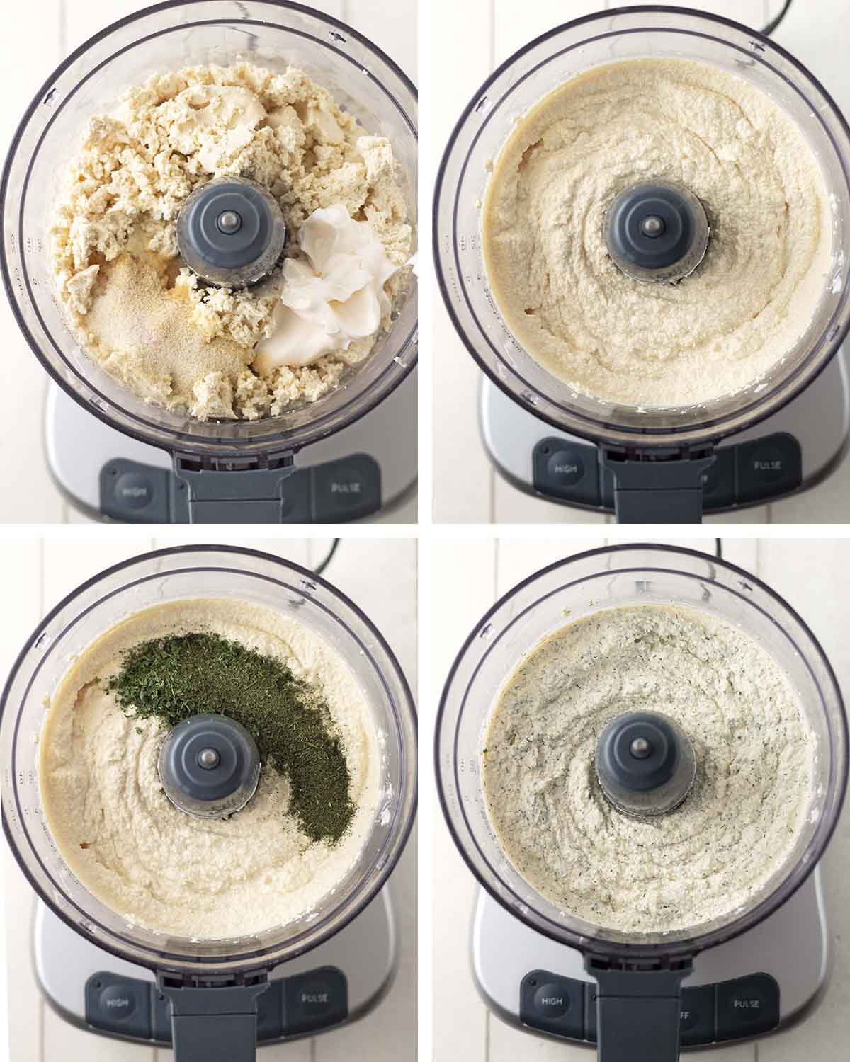 A collage of four images showing the progression of the steps needed to make this dip.