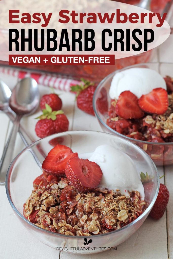 Pinterest pin showing a glass bowl of strawberry rhubarb crisp, this image is to be used to pin this recipe to Pinterest.