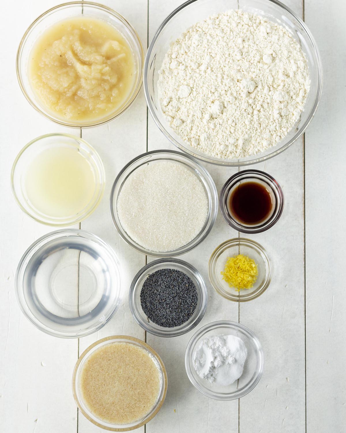 Overhead shot of all the ingredients needed to make glutenfree lemon poppy seed muffins.