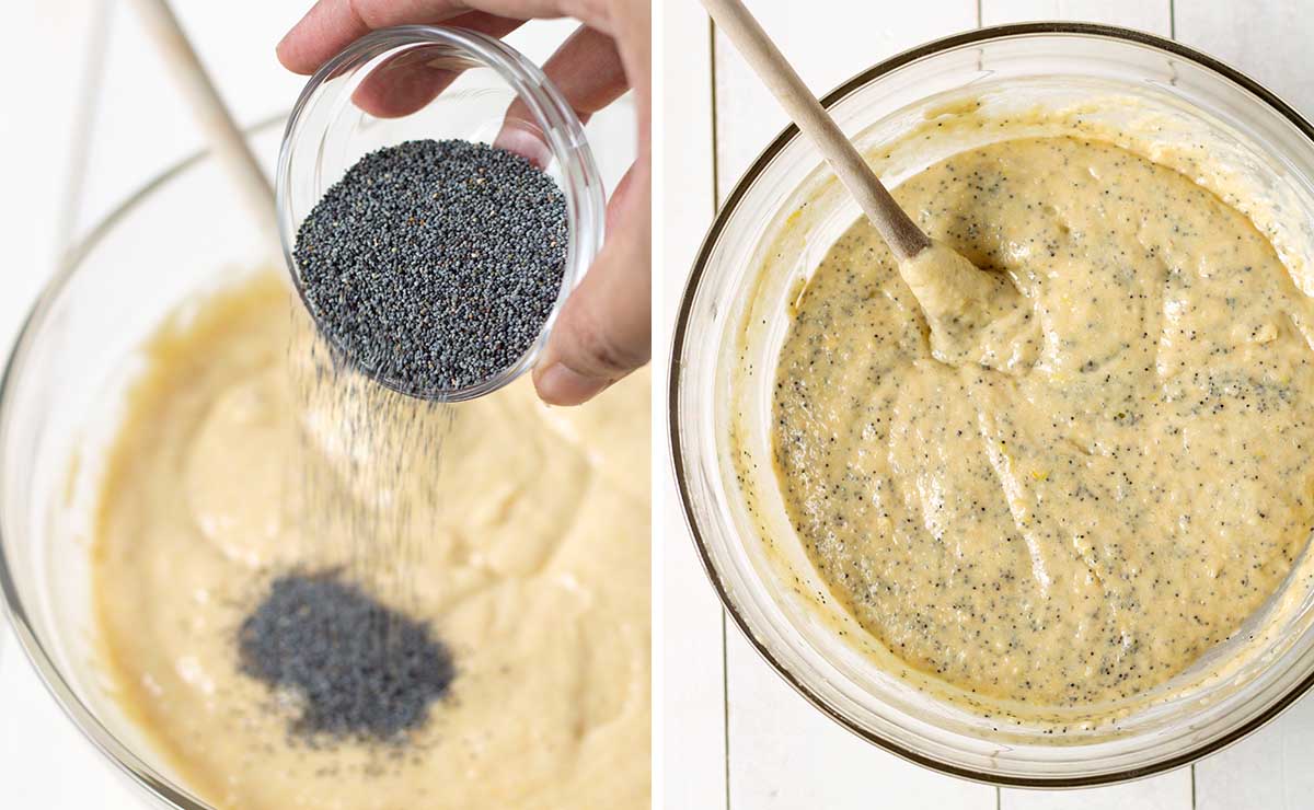 Two images, image on left shows poppy seeds being added to batter, image on right shows batter with poppy seeds mixed in.
