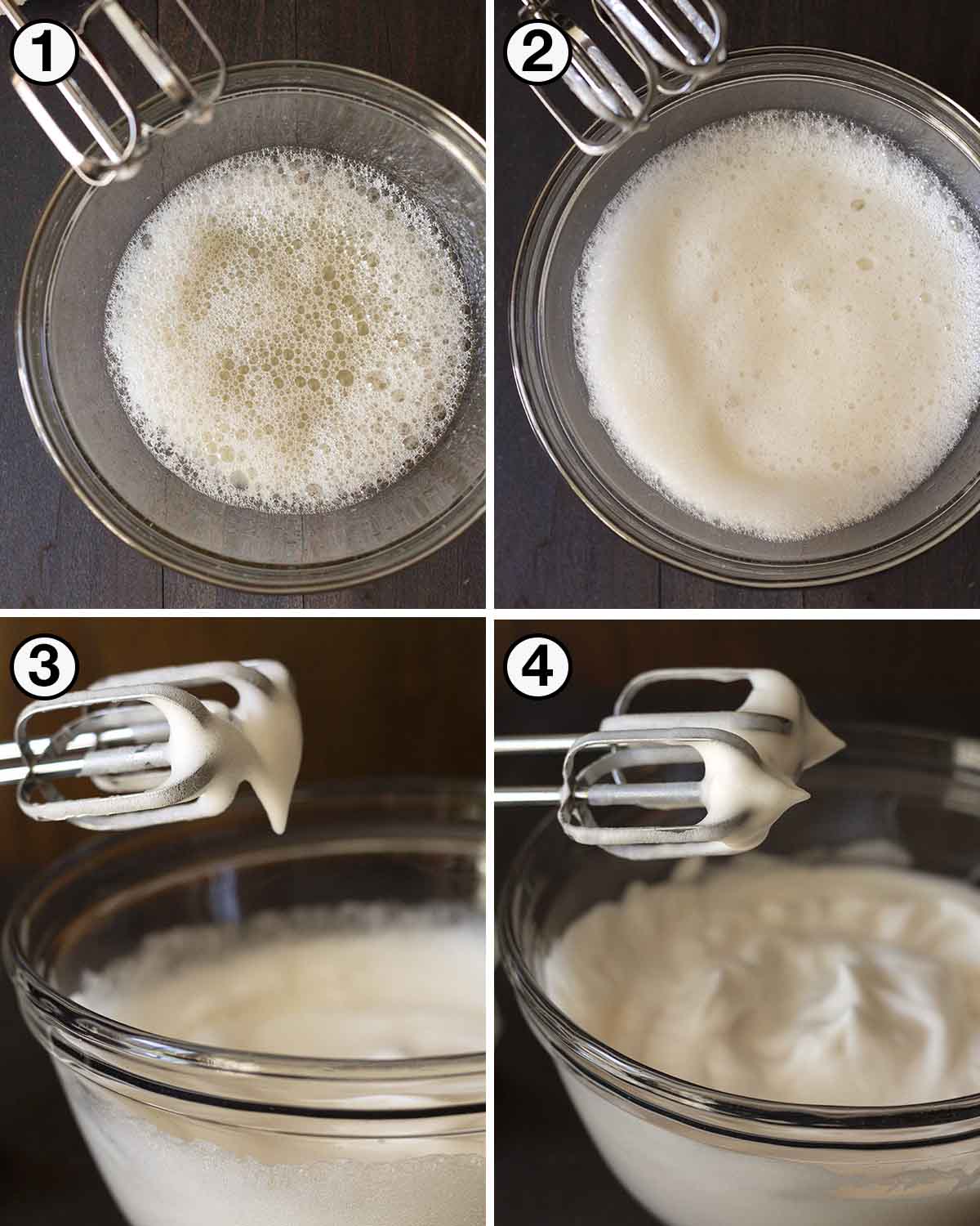 A collage of four images showing the progression of aquafaba when whipping it.