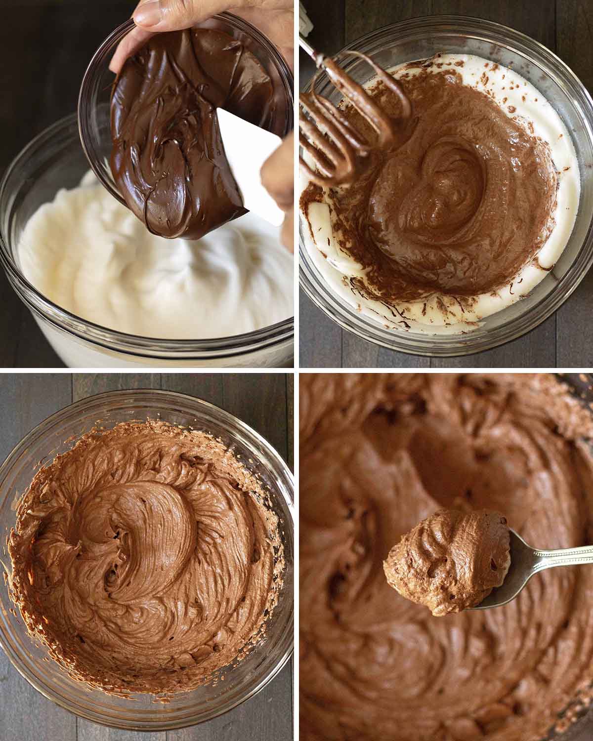 A collage of four images showing the second sequence of steps needed to make aquafaba chocolate mousse.