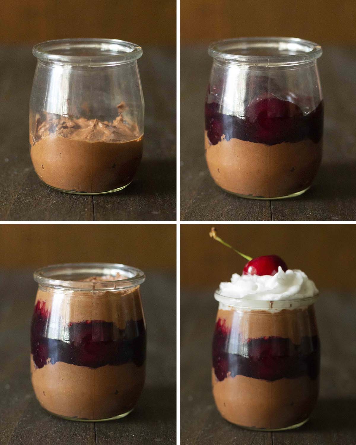 A collage of four images showing the second sequence of steps needed to make black forest chocolate mousse.