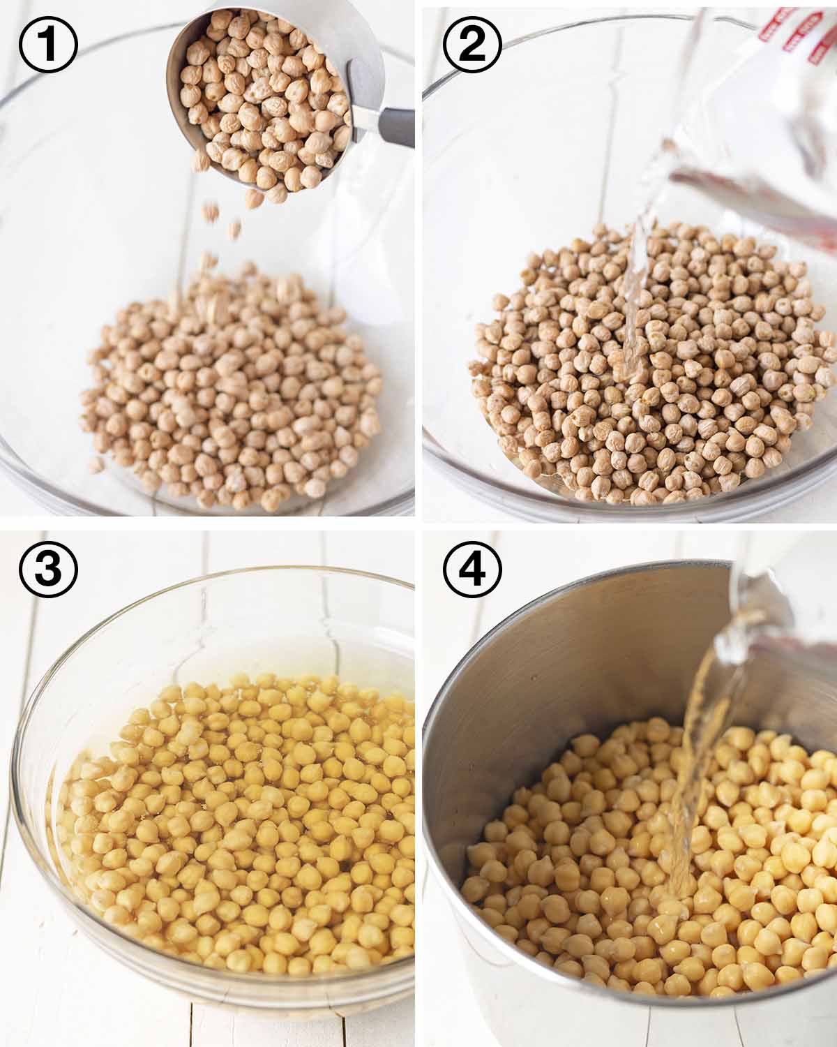A collage of four images showing the progression of the steps needed to make homemade aquafaba.