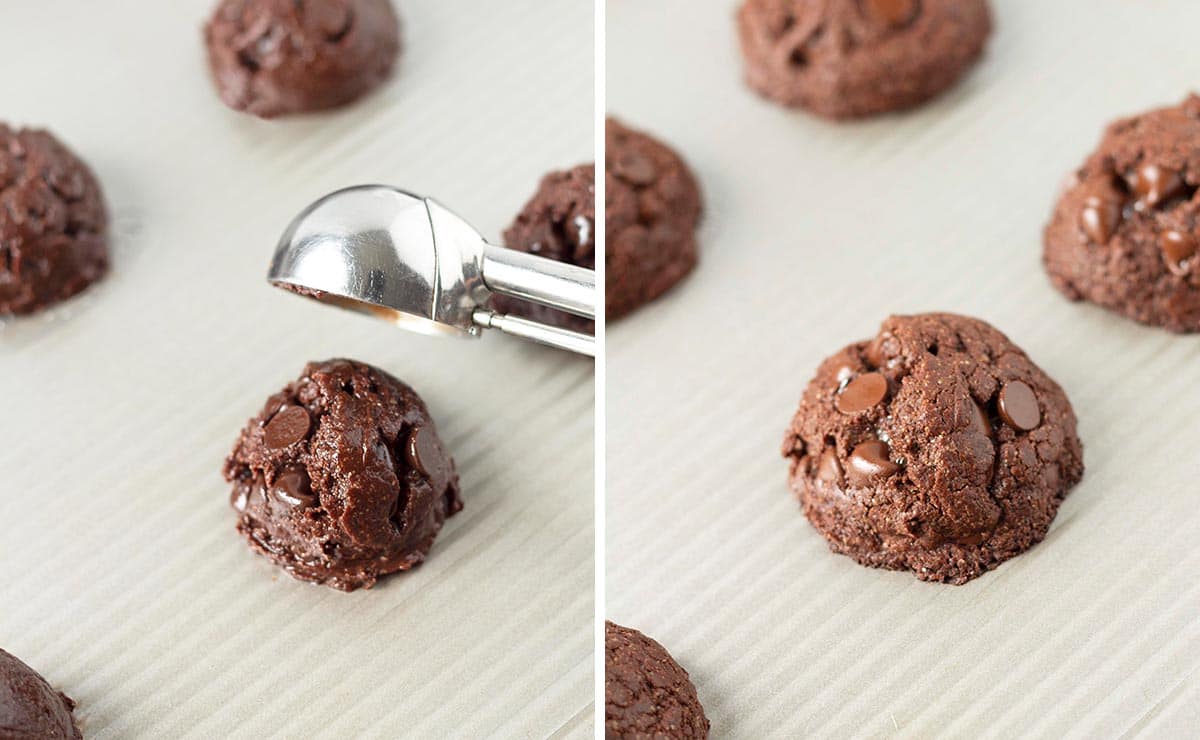 Two side by side images showing cookie dough being scooped onto a baking tray and then the same cookie fresh from the oven. 