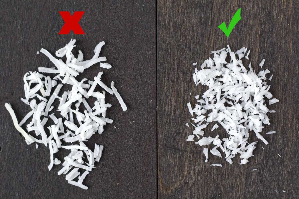 A side-by-side image of two types of shredded coconut showing the correct one to use for this recipe.