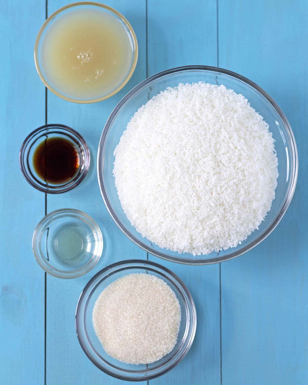 Overhead shot of the five ingredients needed to make this vegan coconut macaroon recipe.