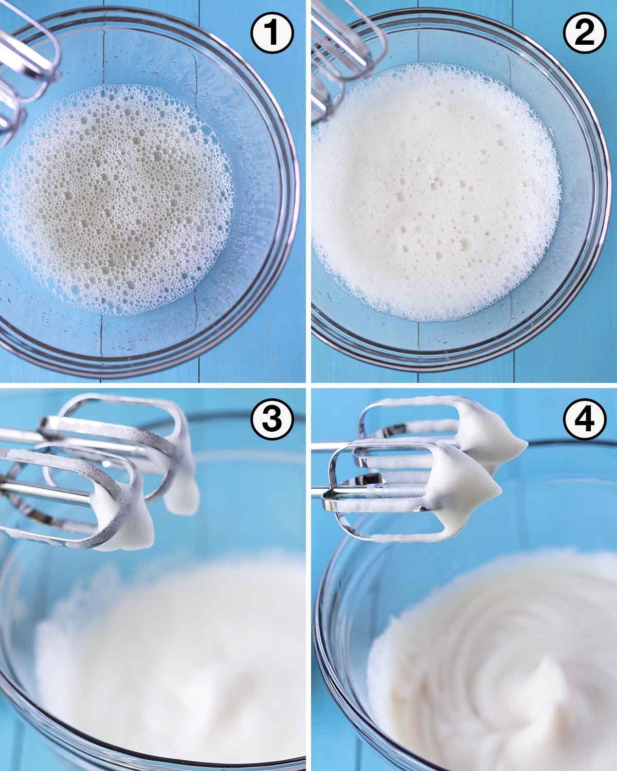 A collage of four images showing the progression of aquafaba when whipping it.