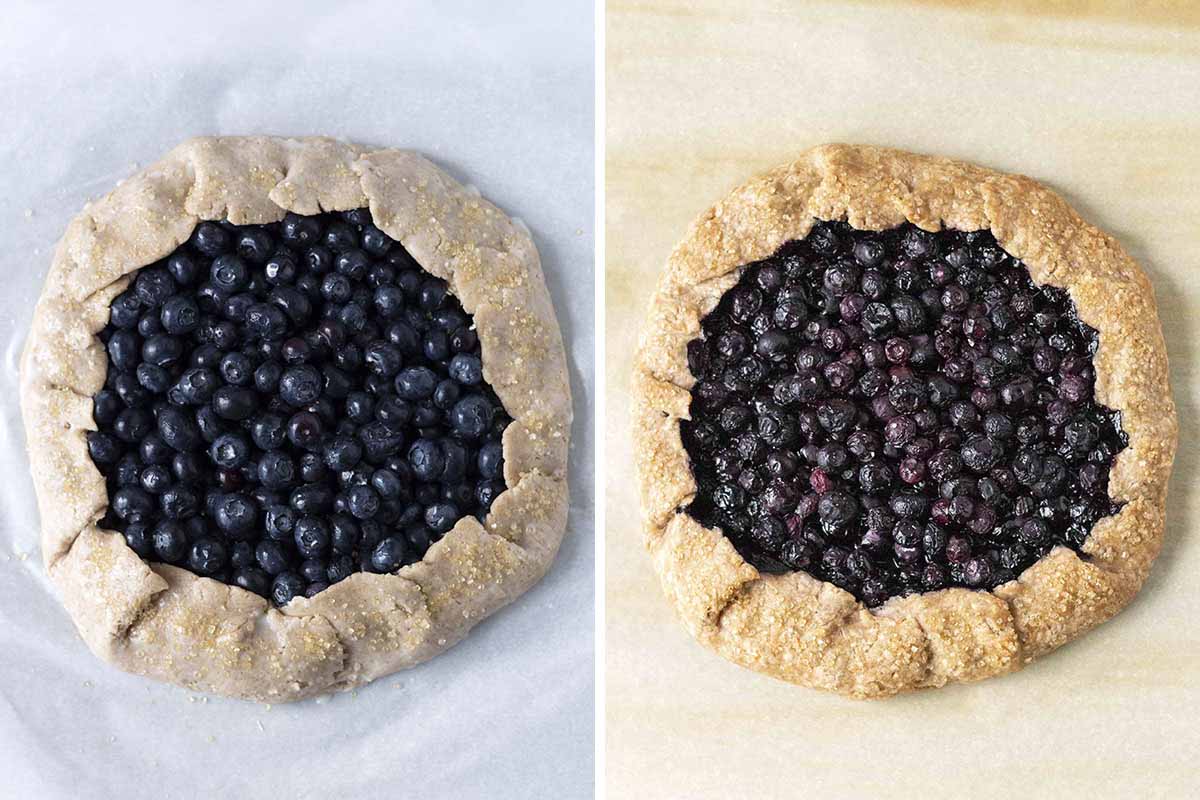 Two side by side images showing a blueberry galette before it is baked, the second image shows after it has been baked.