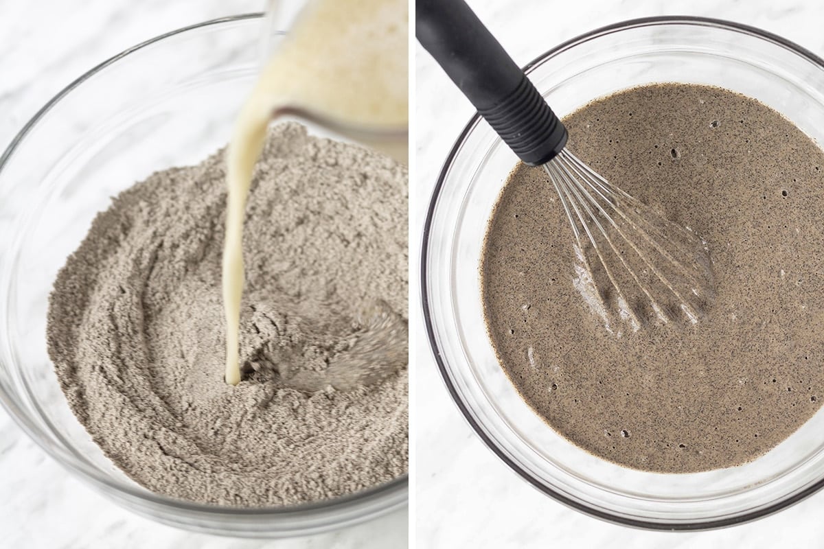 Two images, image on left shows wet ingredients being added to dry ingredients, image of mixed batter is on the right.