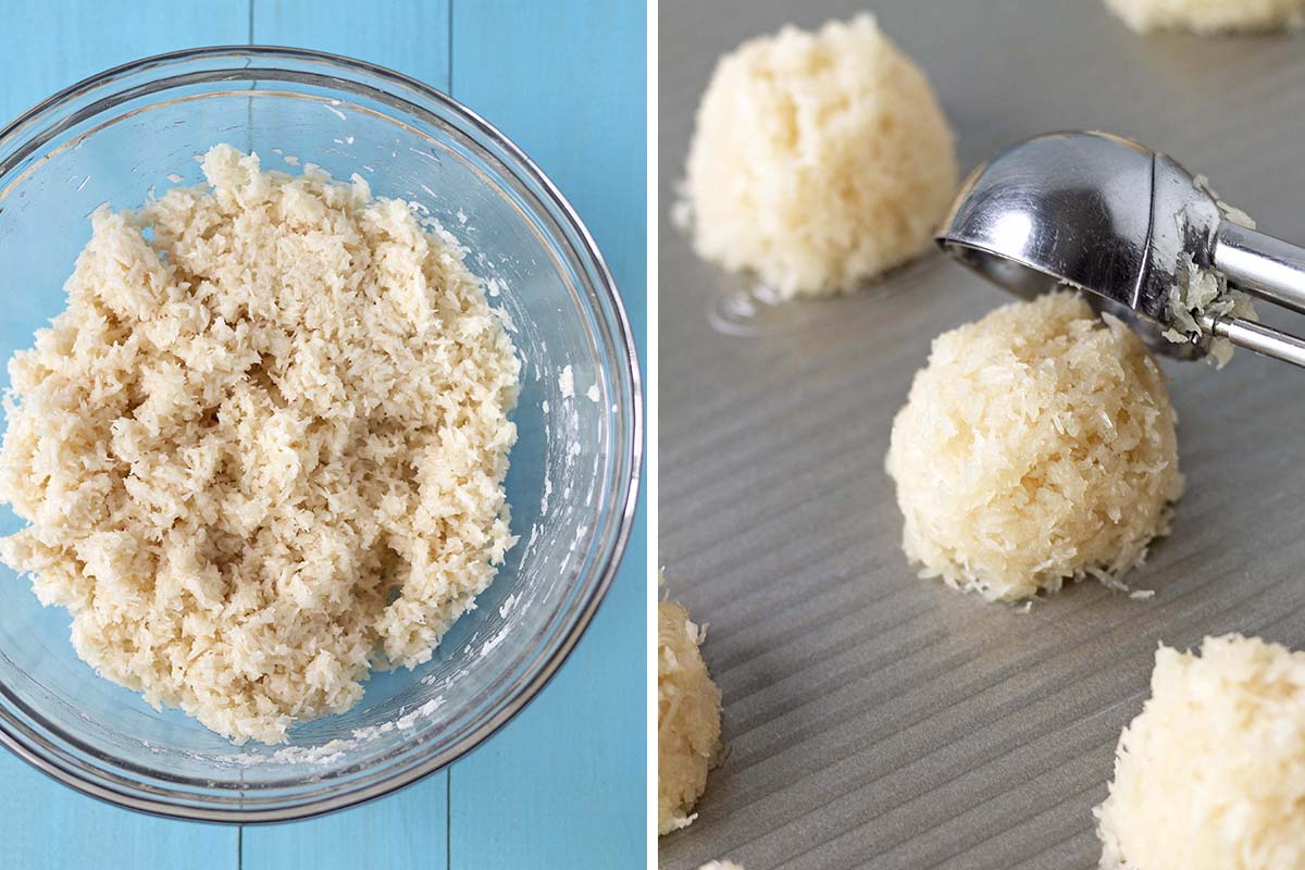 Two images, left image shows coconut macaroon mix in a bowl, second image shows mixture being scooped onto a baking sheet. 