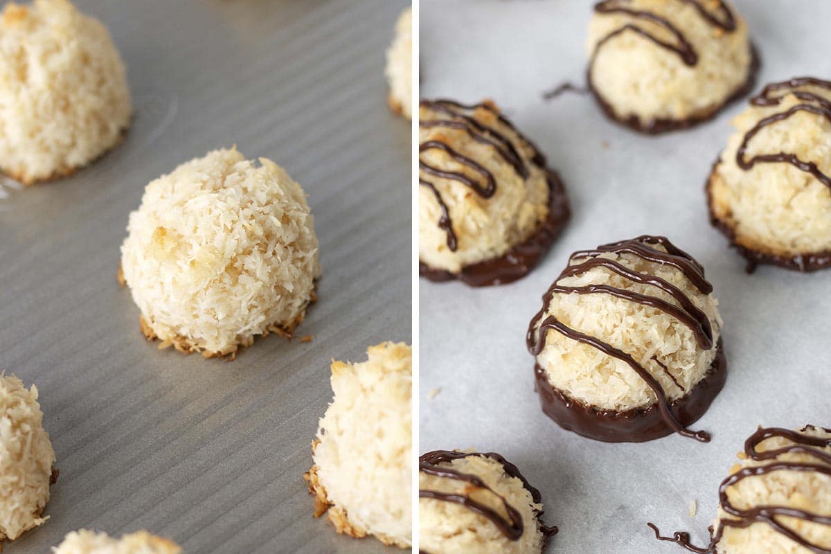 Two images, the first shows plain coconut macaroons, the second shows the macaroons dipped and drizzled with chocolate. 