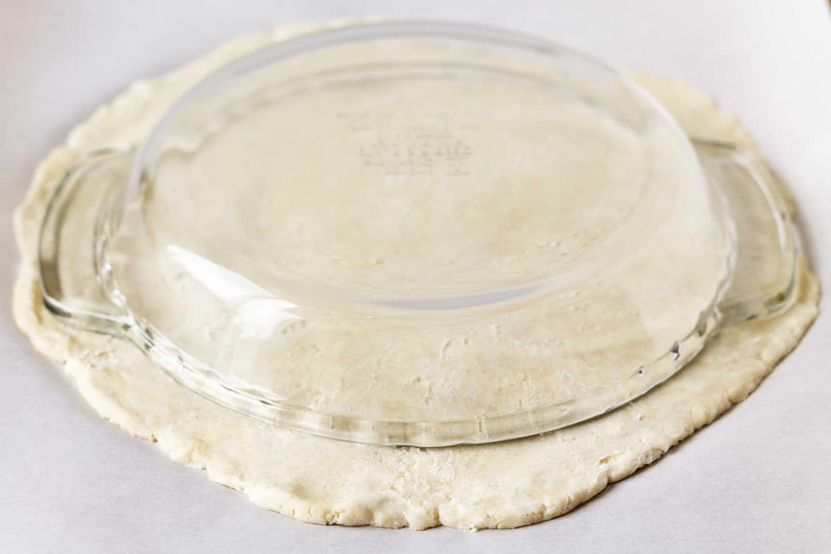Raw pie crust dough on a piece of parchment paper, a glass pie dish sits upside down on the dough.