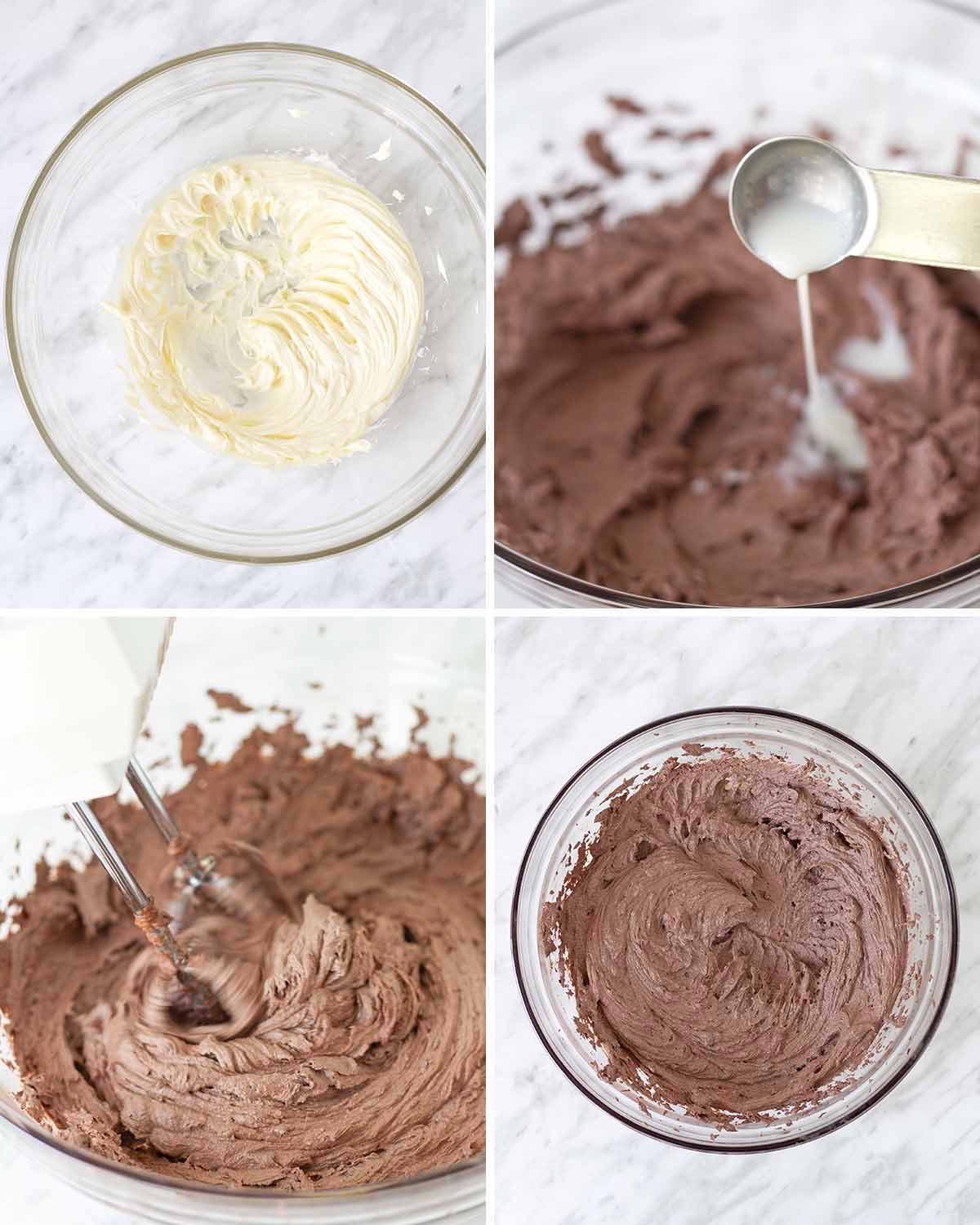 A collage of four images showing the sequence of steps needed to make vegan chocolate icing.