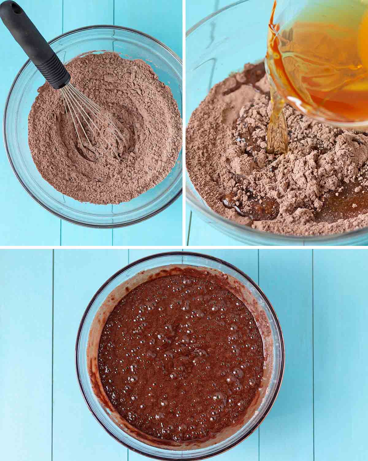 A collage of three images showing the first sequence of steps needed to make vegan gf chocolate cupcakes.