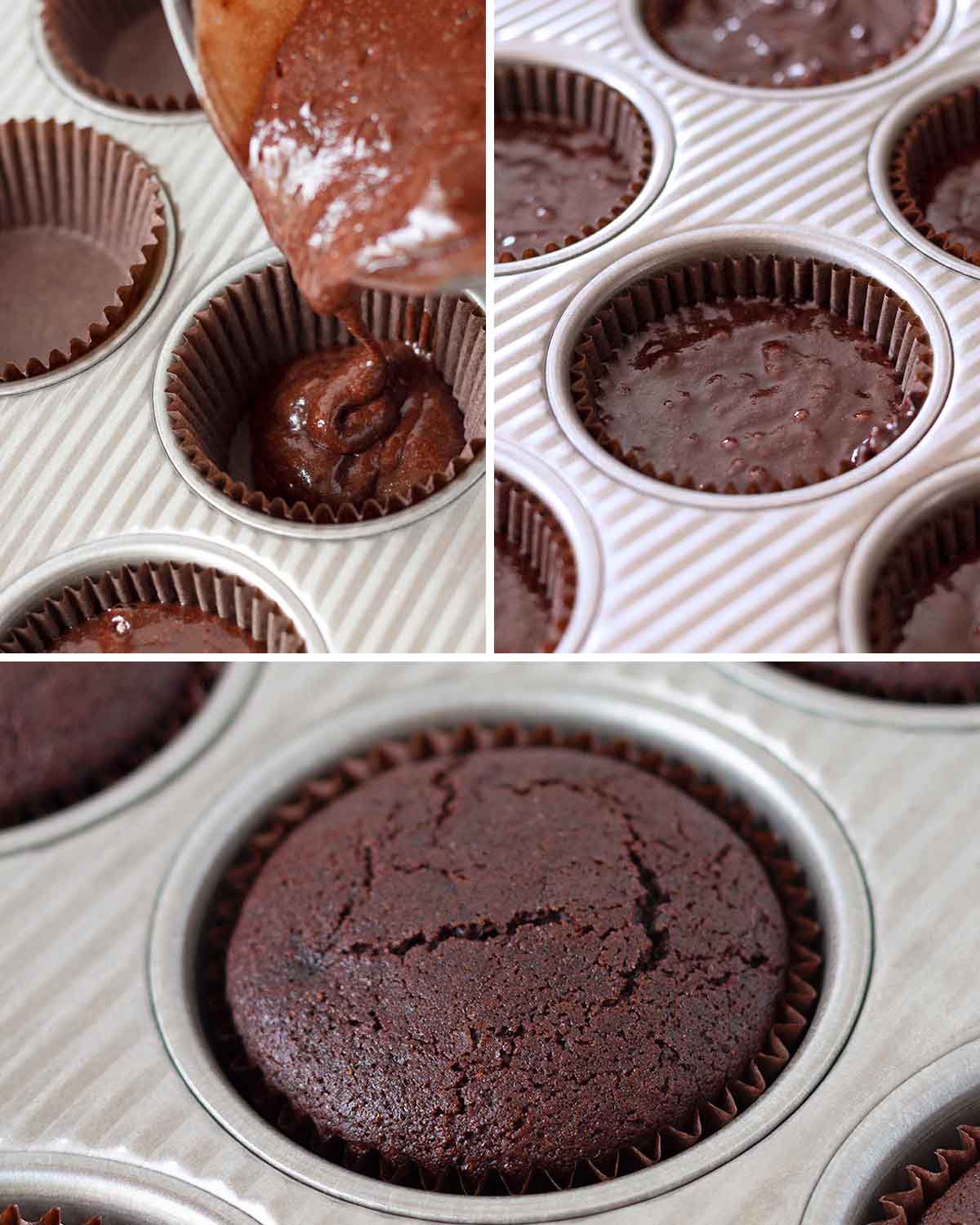 A collage of three images showing the second sequence of steps needed to make vegan gf chocolate cupcakes.