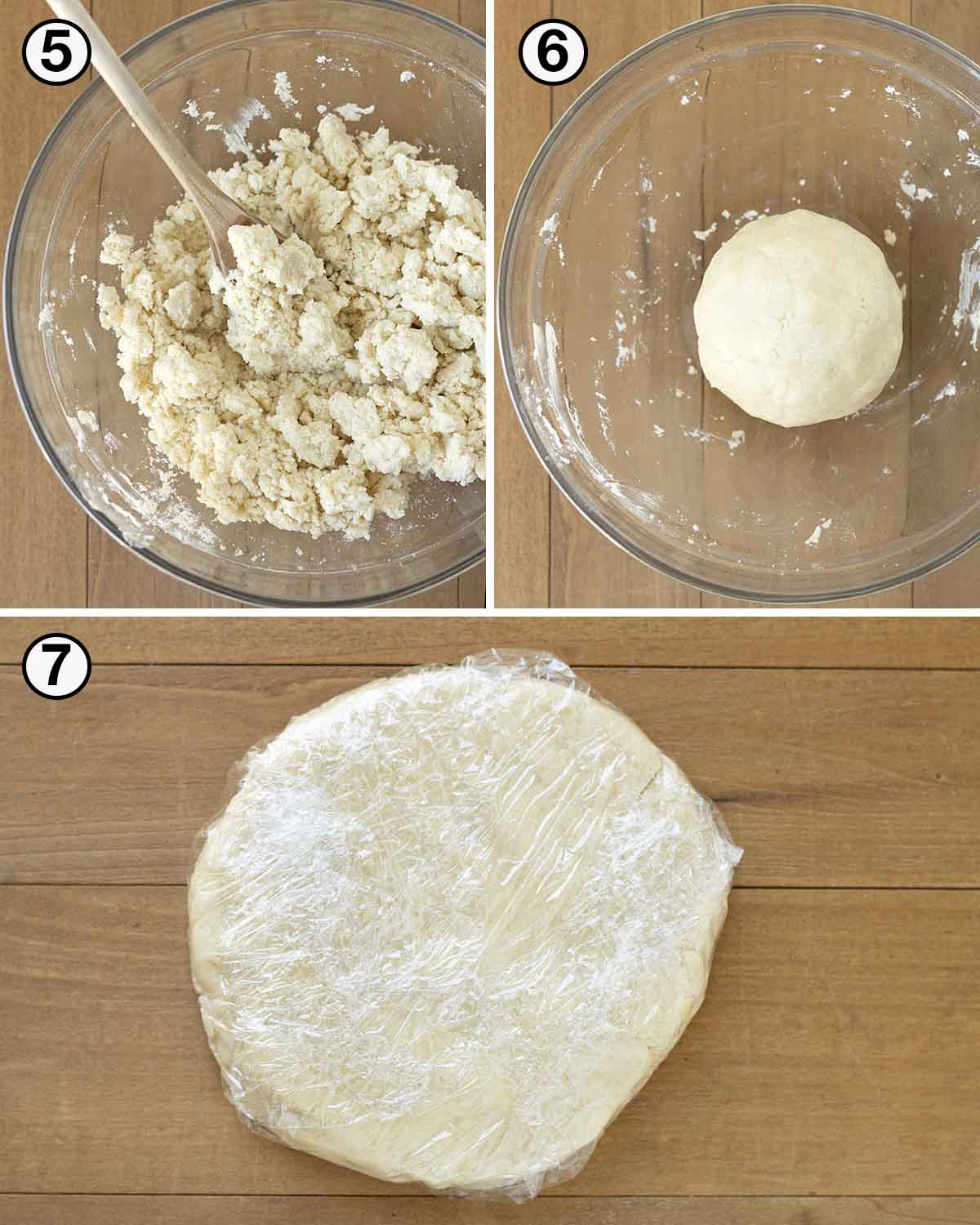 A collage of three images showing the second sequence of steps needed to make pie crust.
