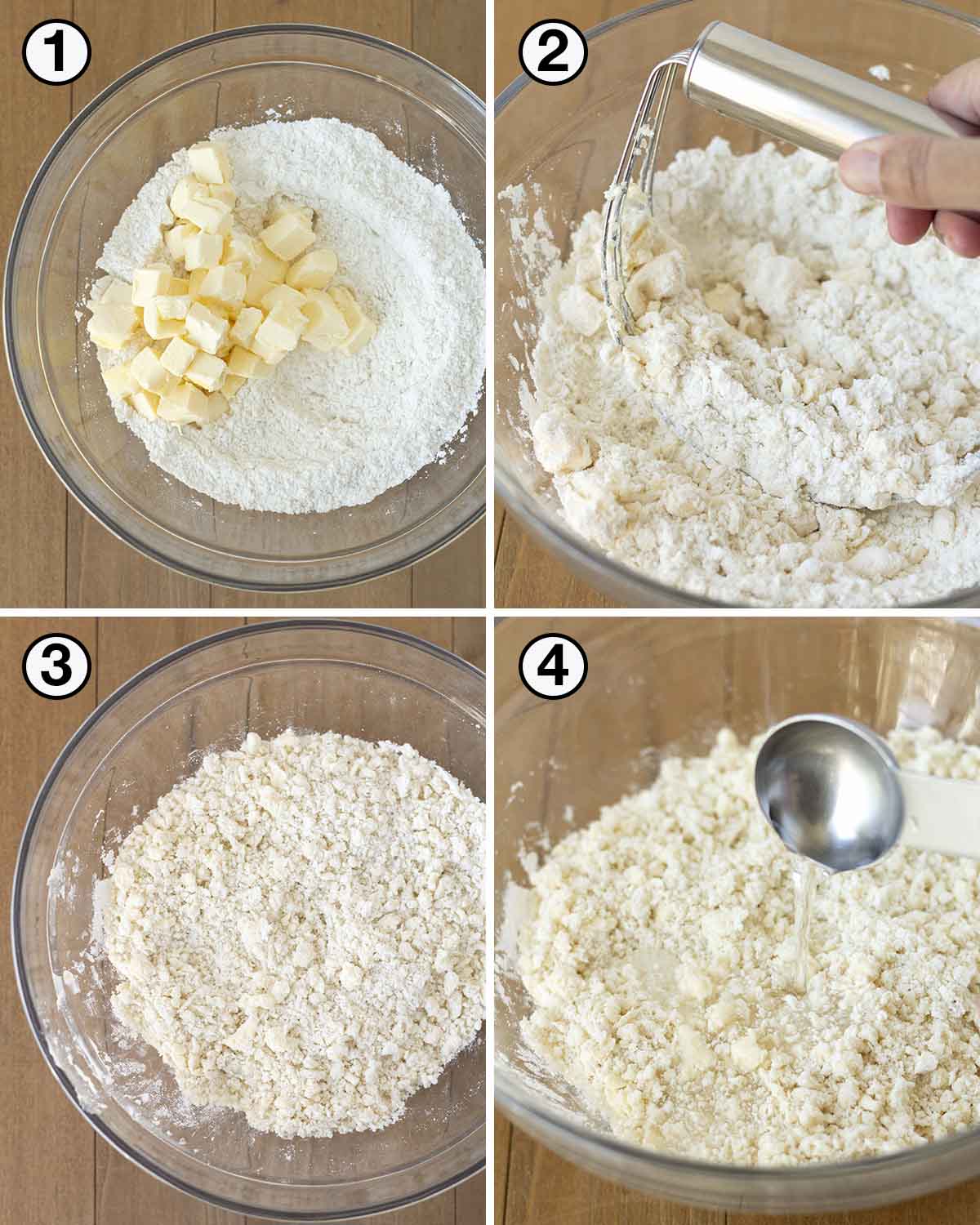 A collage of four images showing the first sequence of steps needed to make a gluten free dairy free pie crust.