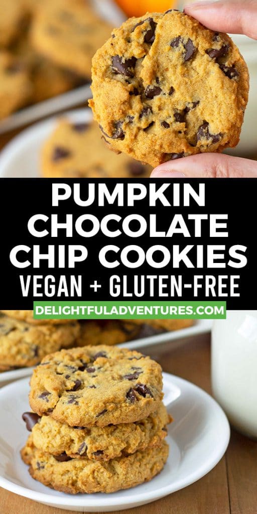 Pinterest pin showing two images of pumpkin chocolate chip cookies, this image is to be used to pin this recipe to Pinterest.