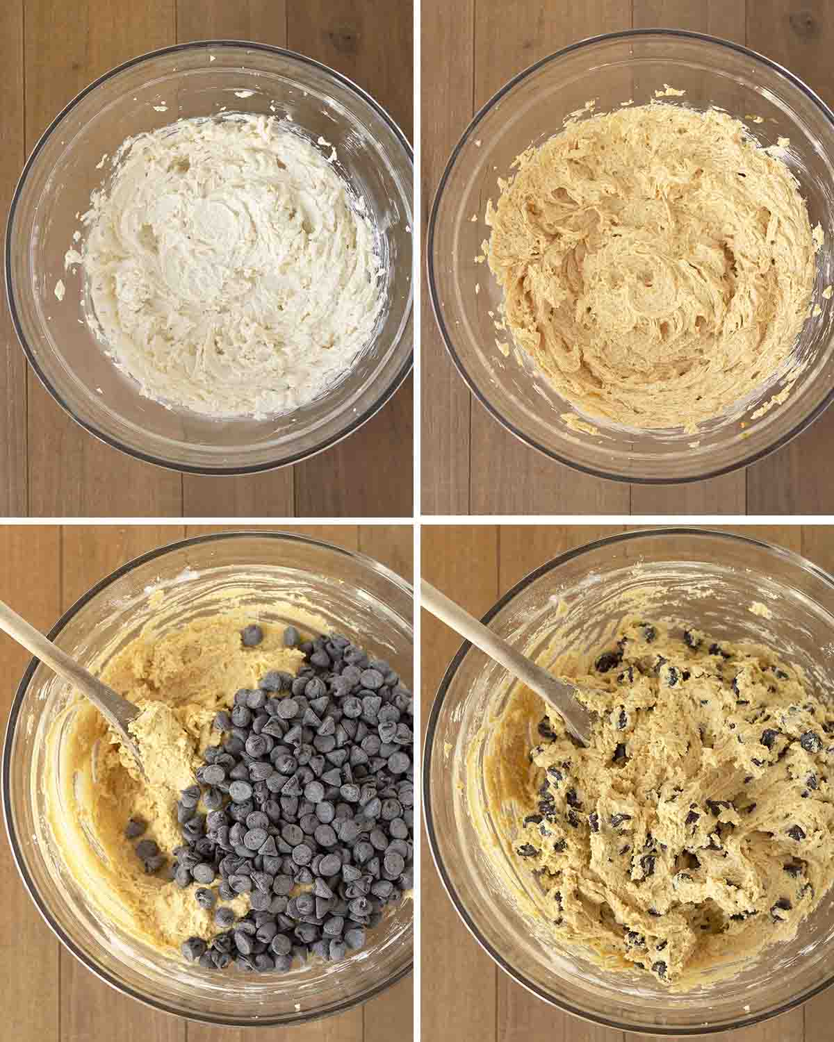 A collage of four images showing the sequence of steps to make the pumpkin cookie dough.