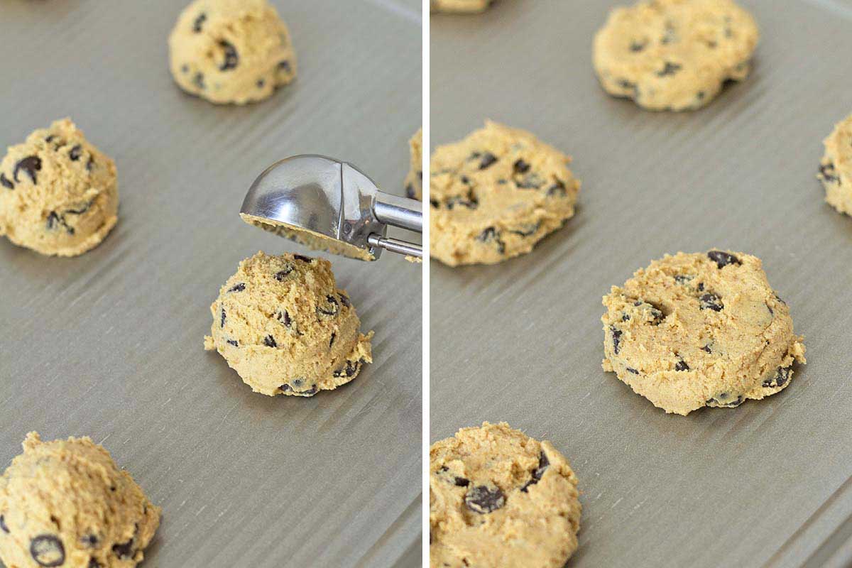 Two side by side images showing pumpkin cookie dough on a cookie sheet and then the dough flattened slightly.