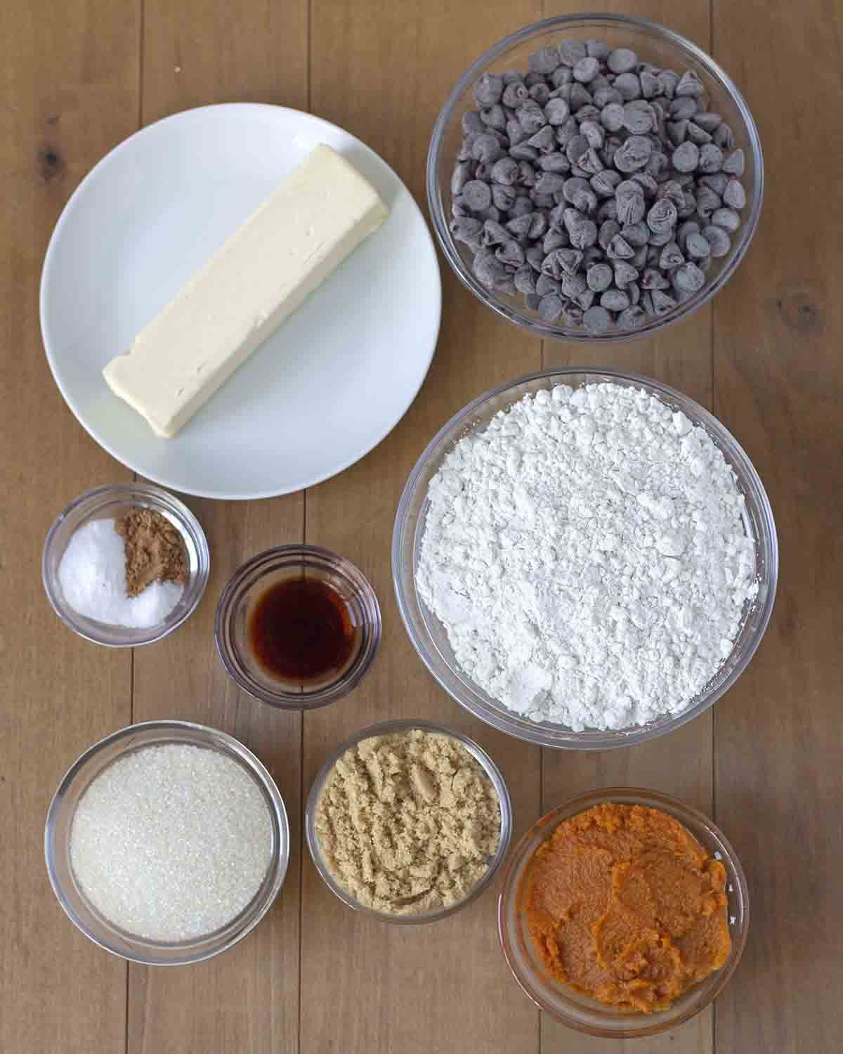 An overhead shot of the ingredients needed to make vegan gluten free pumpkin chocolate chip cookies.