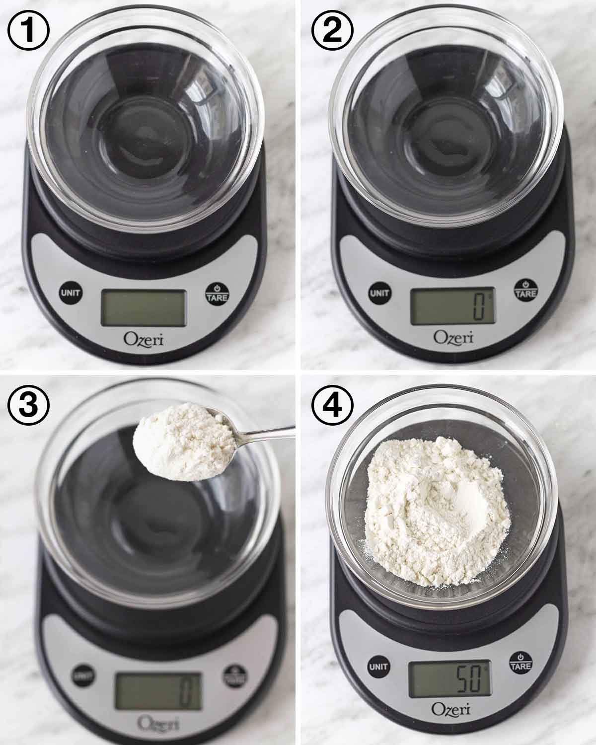 A collage of four images showing the sequence of steps to measure flour with a kitchen scale.