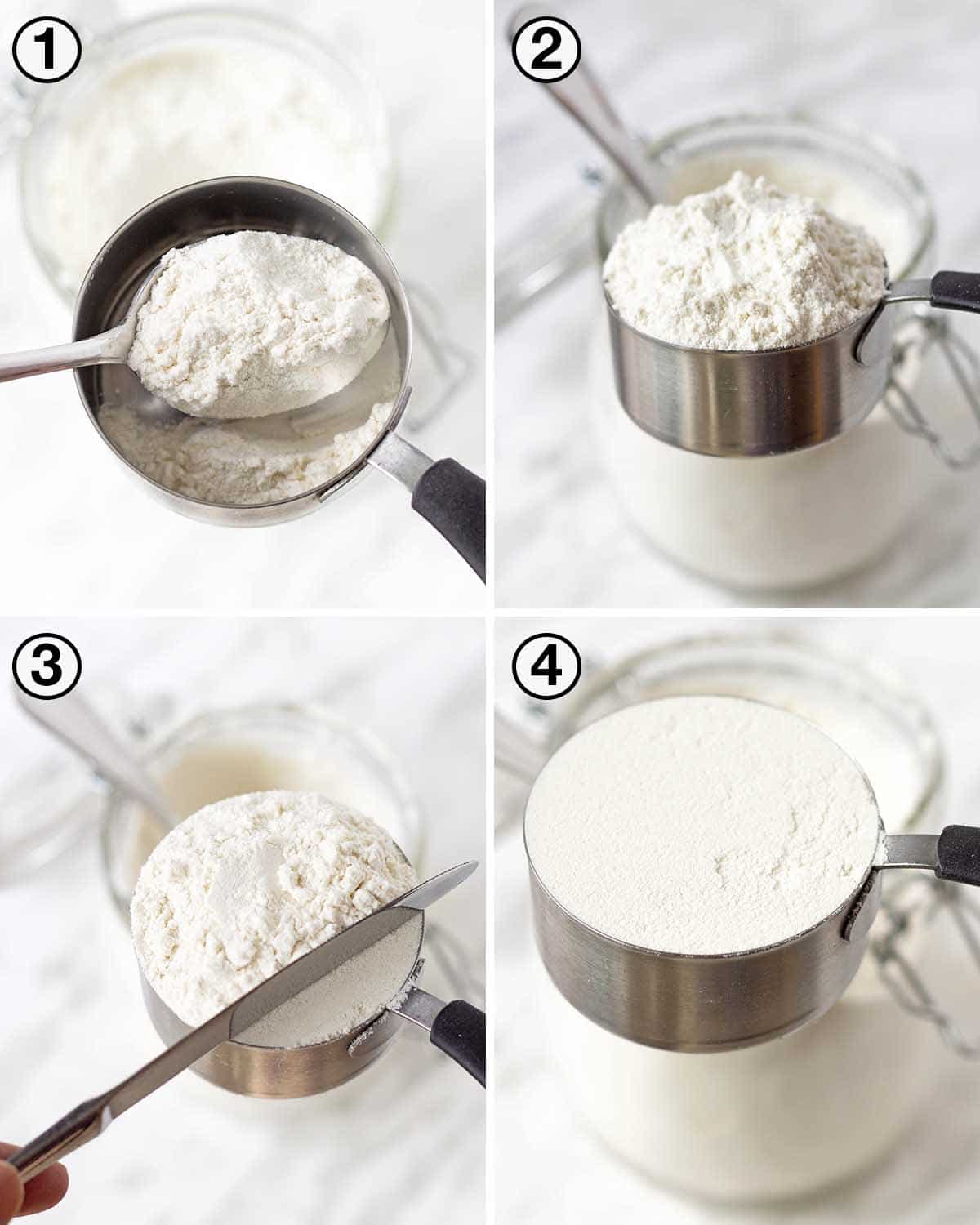 A collage of four images showing the sequence of steps to measure flour with measuring cups.