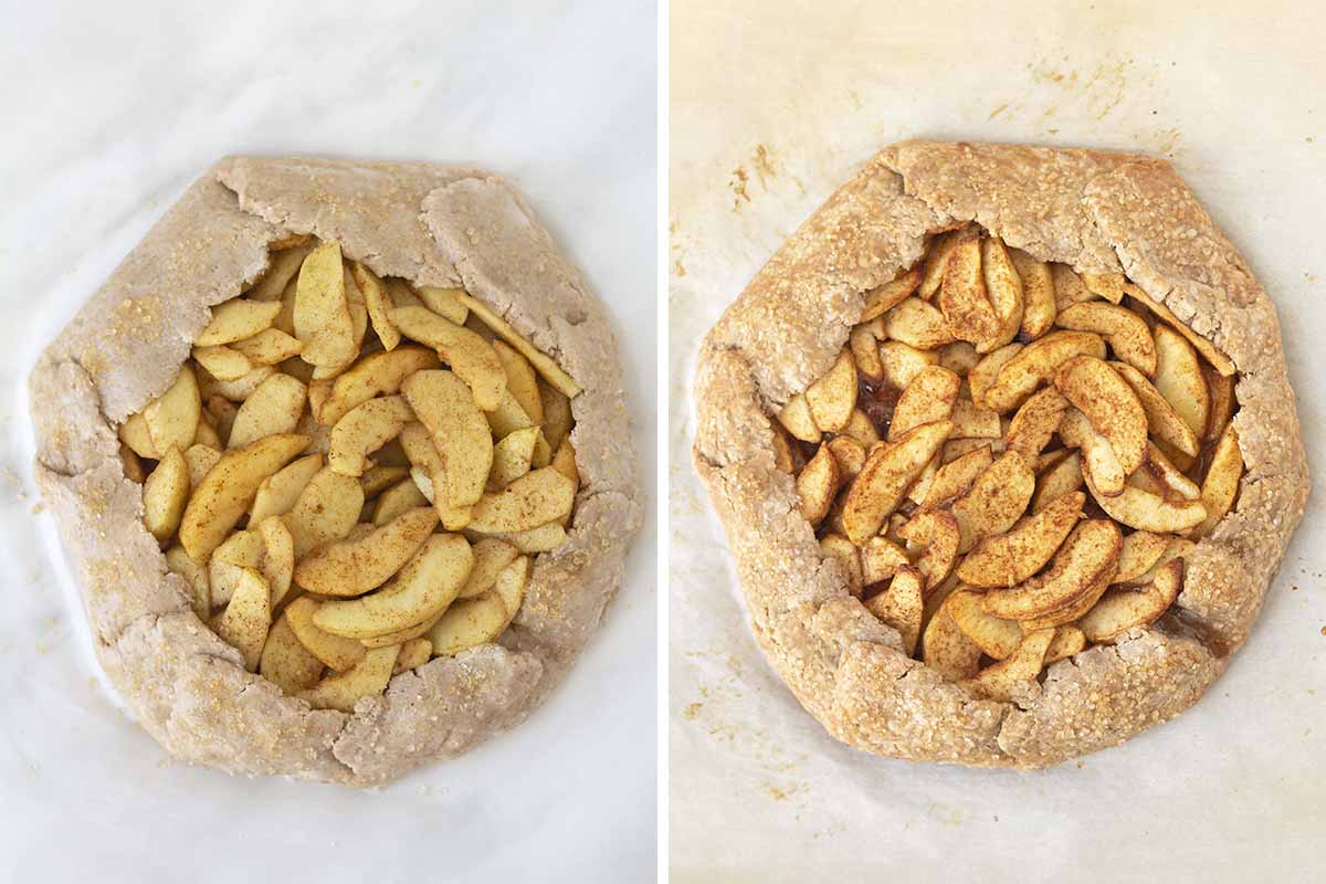 Two side by side images showing an apple galette before it is baked, the second image shows after it has been baked.