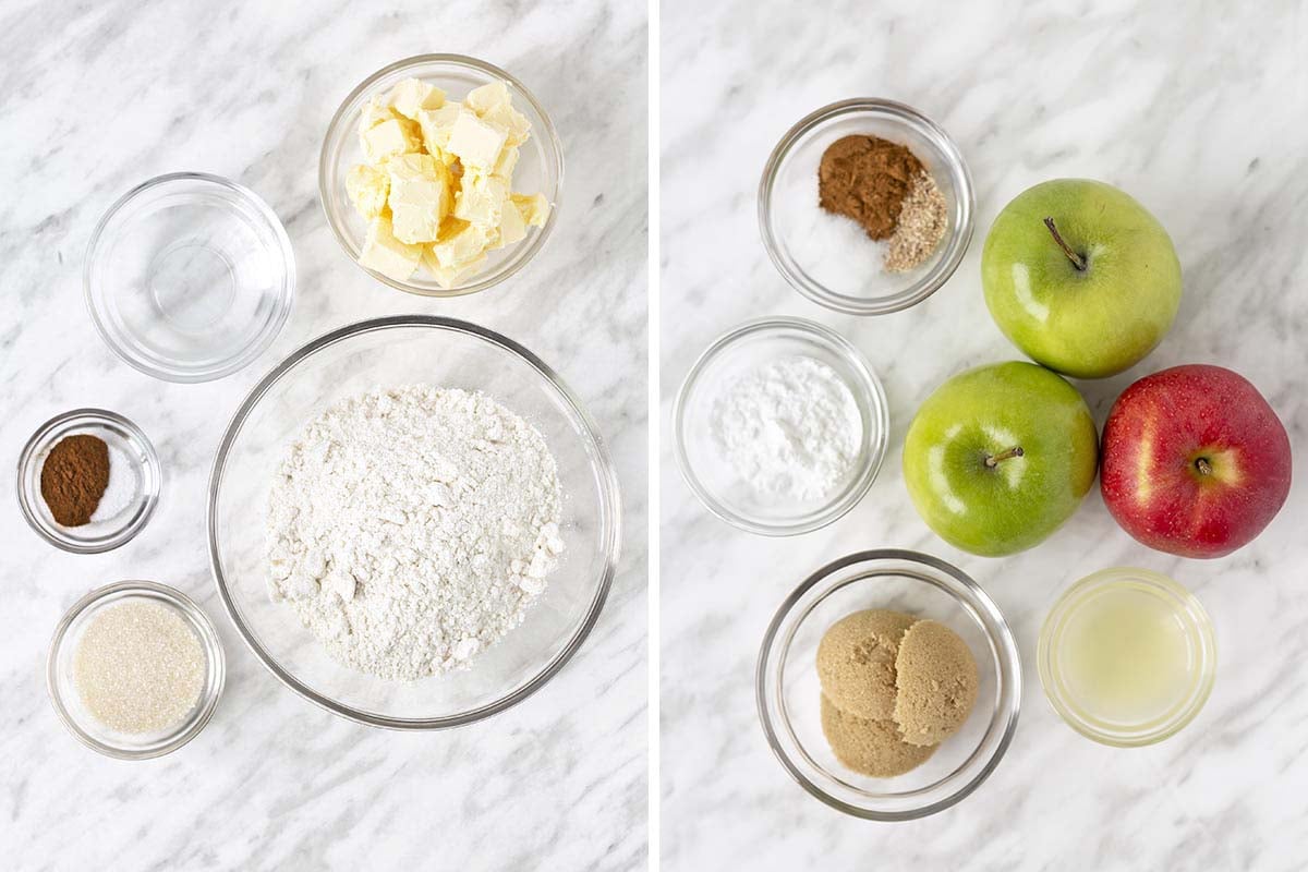 Image shows all of the ingredients needed to make this galette recipe, all ingredients are in separate glass bowls.