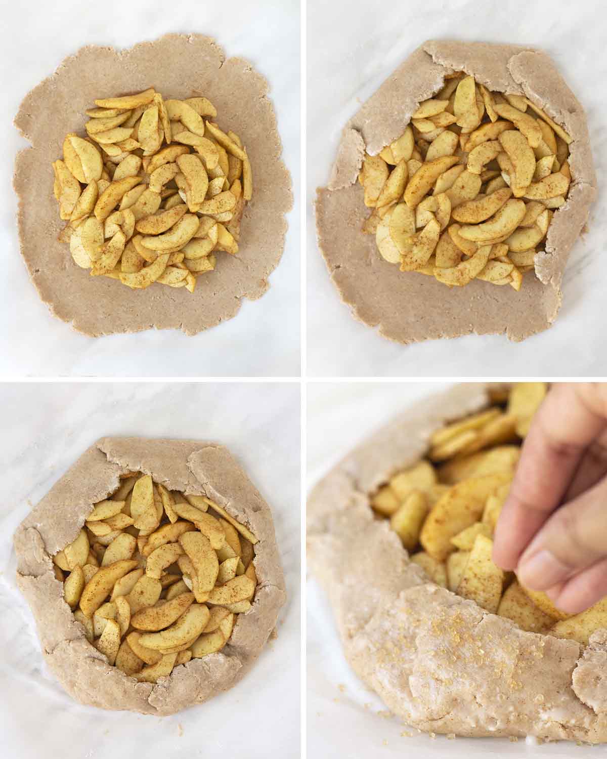 A collage of four images showing the third sequence of steps needed to make a gluten free vegan apple galette.