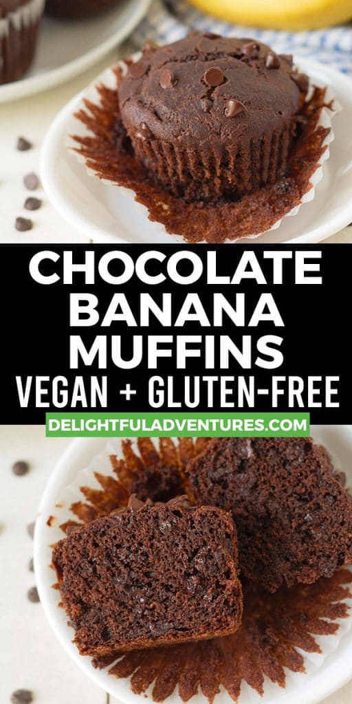 Pinterest pin showing two images of chocolate banana muffins, this image is to be used to pin this recipe to Pinterest.