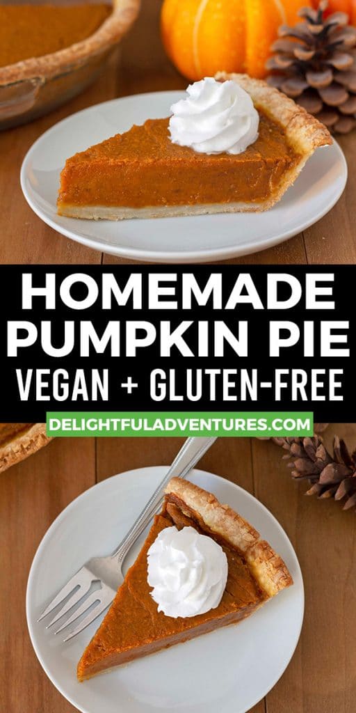 Pinterest pin showing two images of pumpkin pie, this image is to be used to pin this recipe to Pinterest.