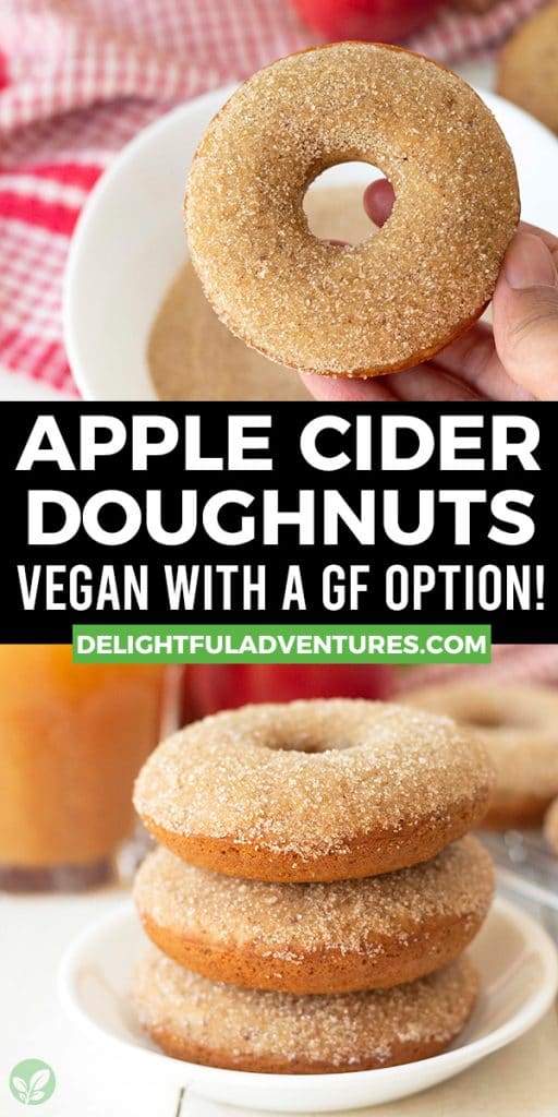 Pinterest pin showing two images of apple cider doughnuts, this image is to be used to pin this recipe to Pinterest.