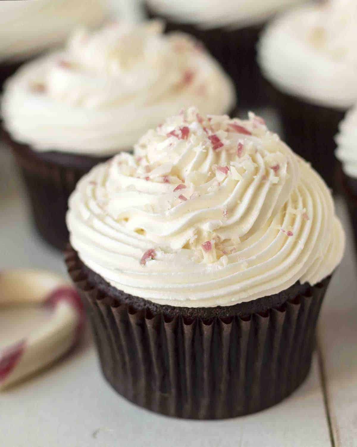 Close up shot of a gluten free chocolate peppermint cupcake.