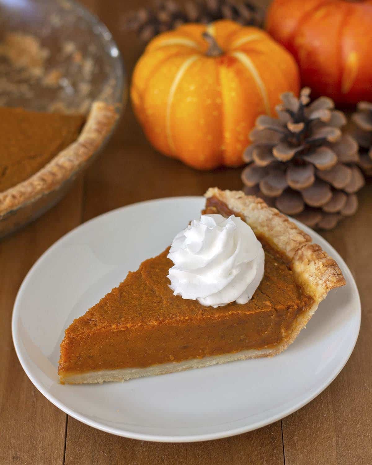 A slice of egg free pumpkin pie on a white plate, pie is topped with coconut whipped cream.