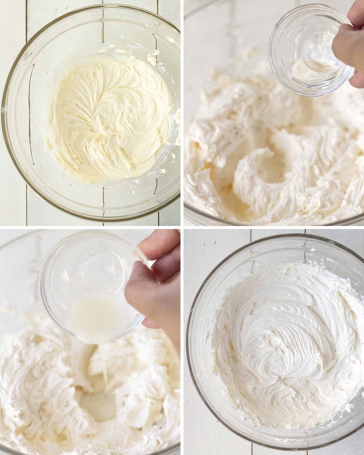 A collage of four images showing the sequence of steps to make peppermint buttercream frosting.