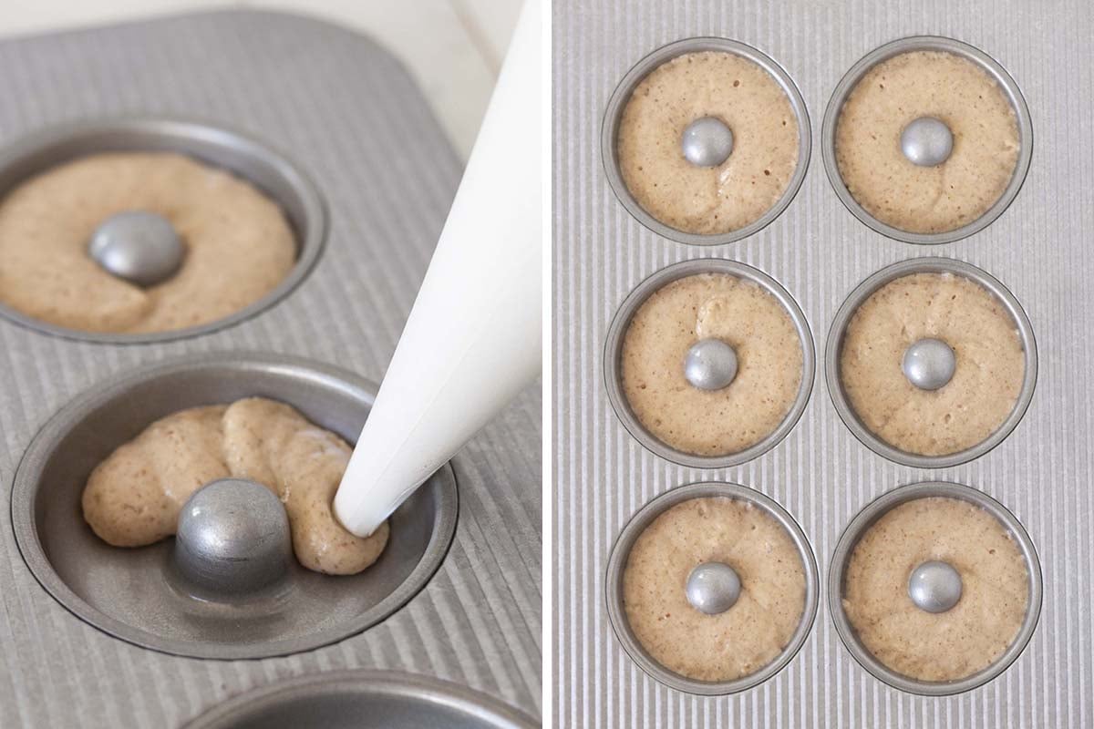 Two images, left image shows donut batter being piped into a pan, the right image shows the pan filled with the donut batter.