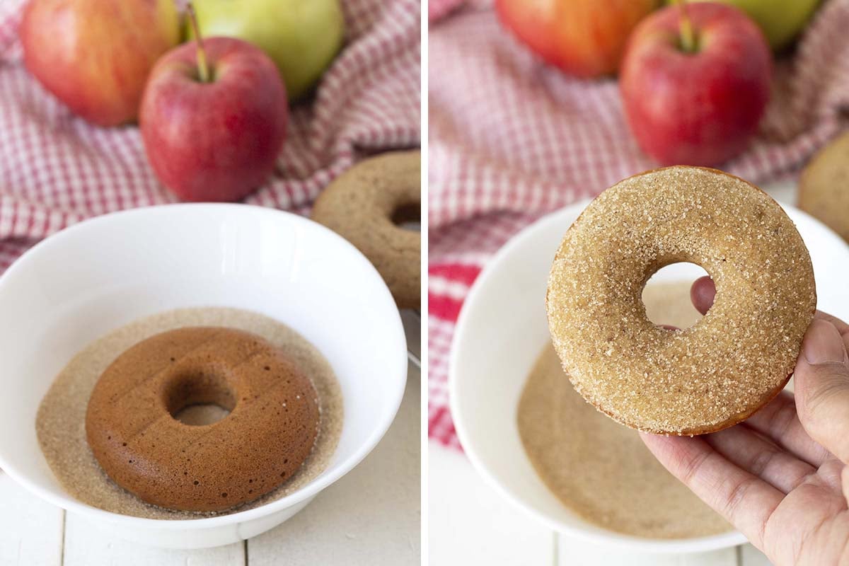 Two images, the one on the left shows a donut being dipped in sugar, the one on the right is a hand holding up the dipped donut.