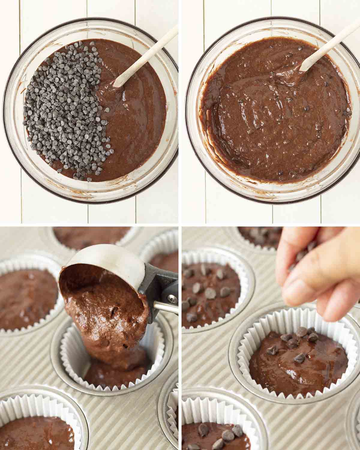 A collage of four images showing the sequence of steps to make the chocolate banana muffins.