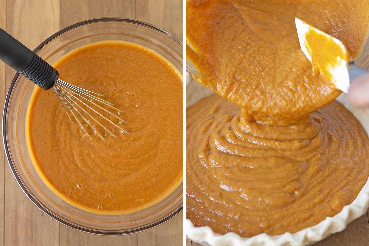 Two images, one shows pumpkin pie filling in a glass bowl, the second shows the filling being poured in the crust.