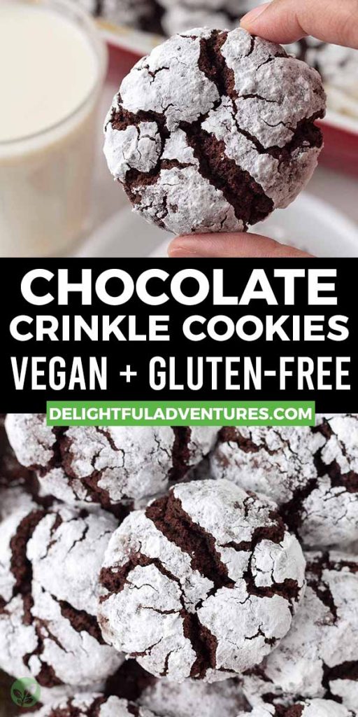 Pinterest pin showing two images of chocolate crinkle cookies, this image is to be used to pin this recipe to Pinterest.