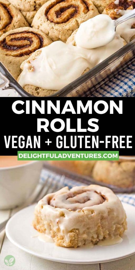 Pinterest pin showing two images of vegan gf cinnamon rolls, this image is to be used to pin this recipe to Pinterest.