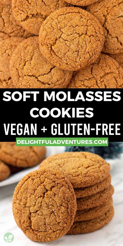 Pinterest pin showing two images of vegan gf molasses cookies, this image is to be used to pin this recipe to Pinterest.