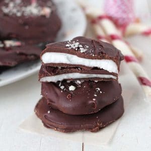 Three peppermint patties stacked on each other.