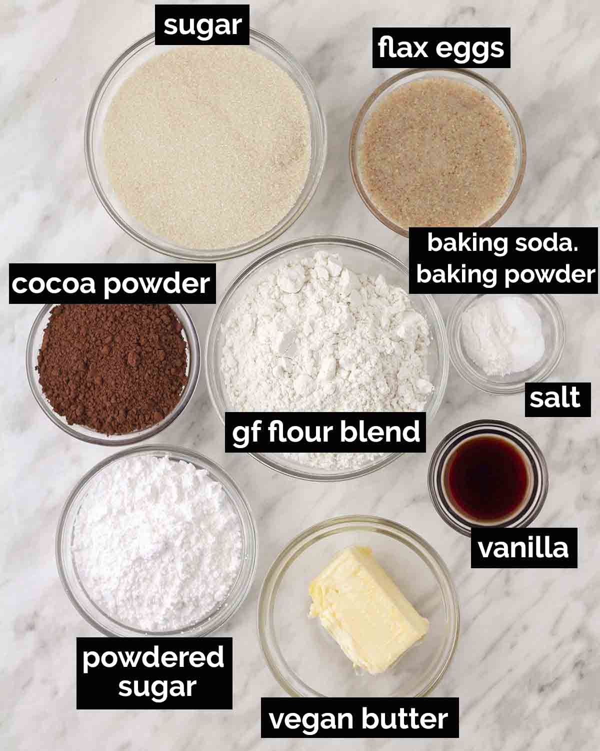 An overhead shot of all the ingredients needed to make vegan gluten free chocolate crinkle cookies.